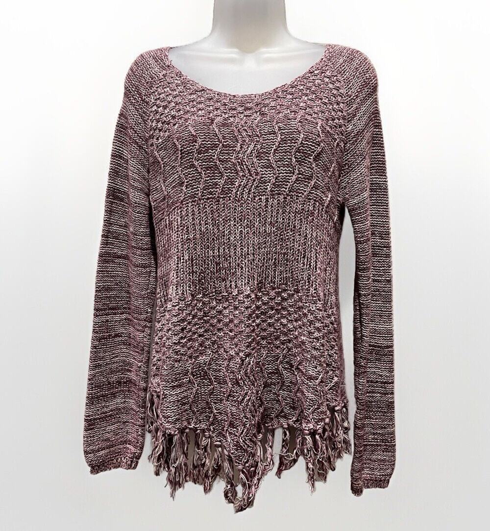 American Rag woman’s knit scoop neck fringe hem pullover sweater cranberry M